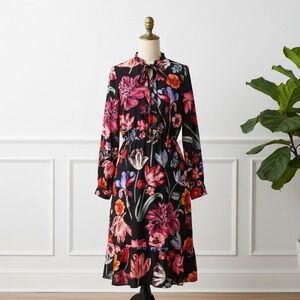 J.Crew Botanical Bloom Tie Neck Dress Size 4 Dark Floral Romantic‎ Cottagecore